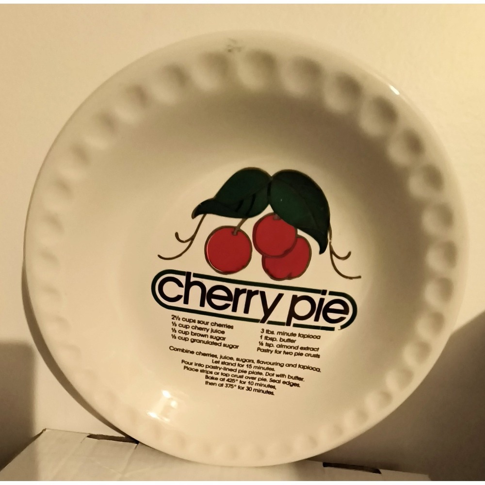 Vintage Ceramic Cherry Pie Recipe Plate Scalloped Rim Baking Dish White Red